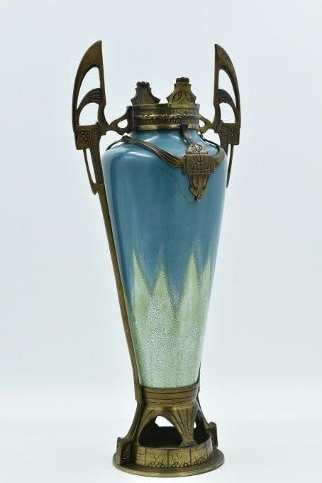 Vase Jugendstil – Faïence émaillé et bronze 